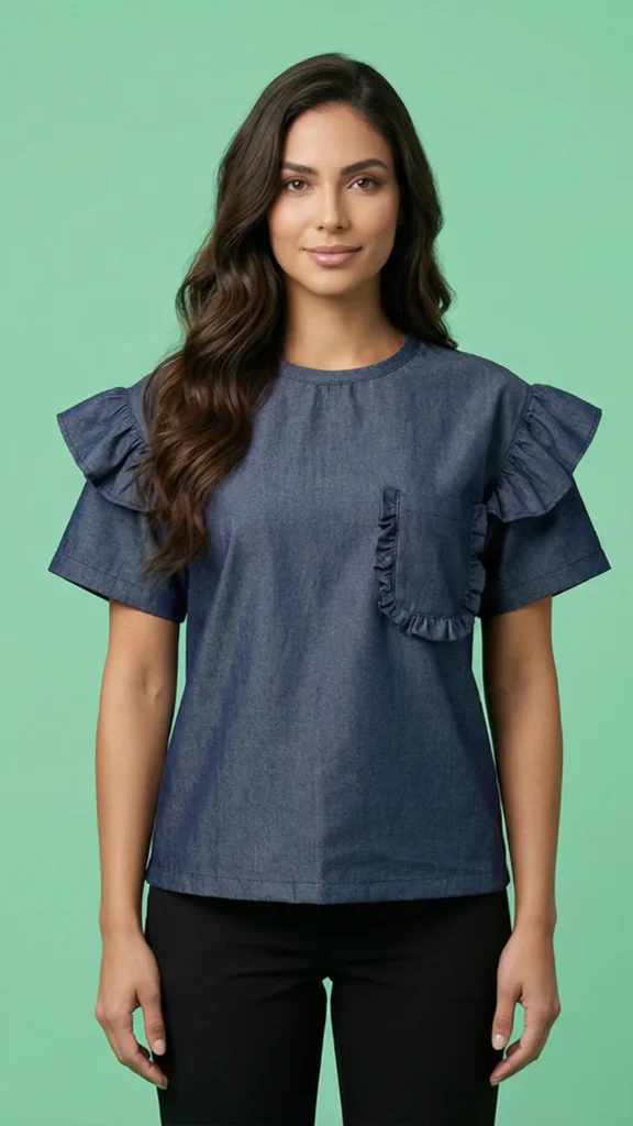 Camisa Denim con Boleros – Blusa Femenina Cuello Redondo en Chambray