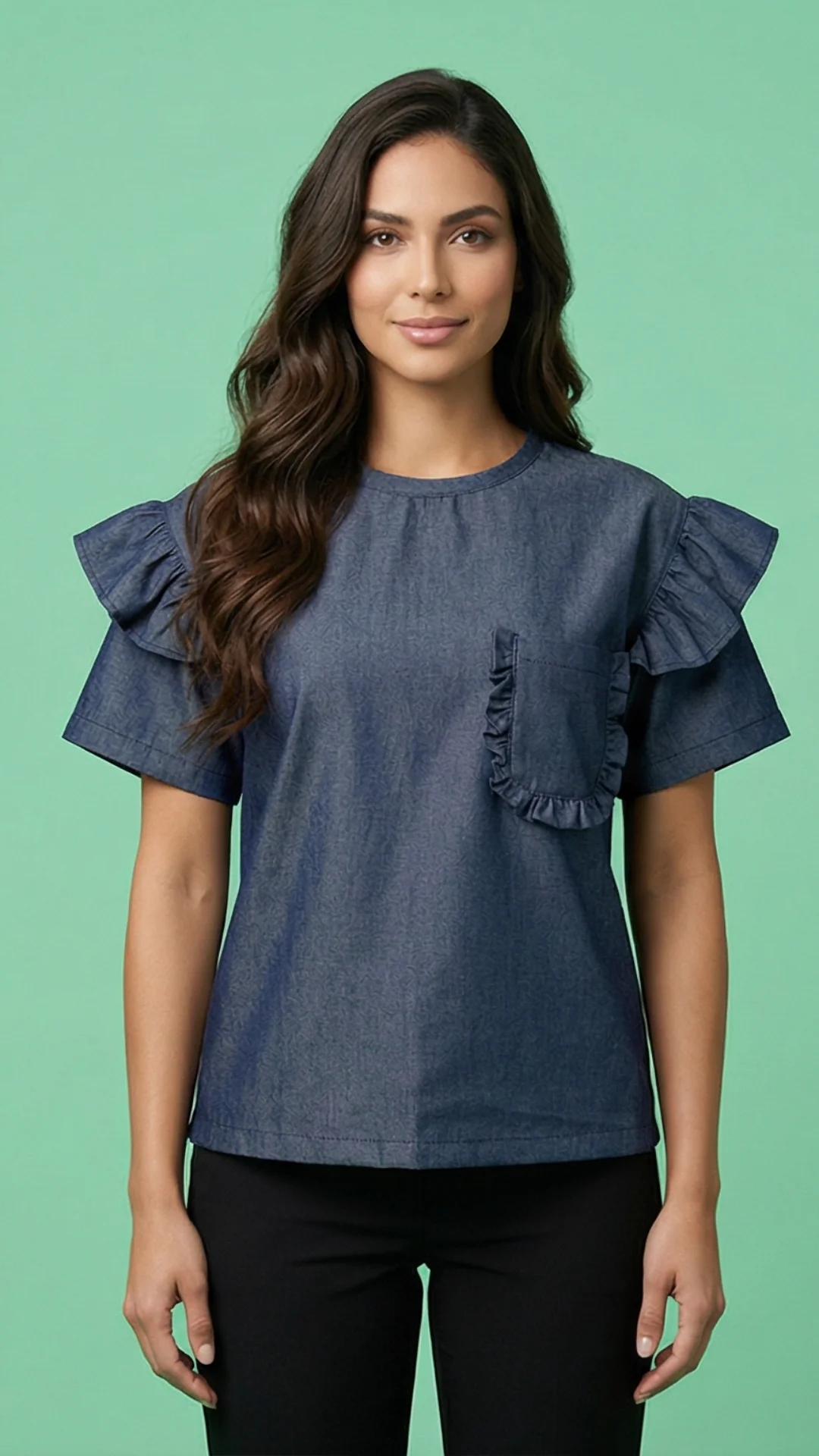 Camisa Denim con Boleros – Blusa Femenina Cuello Redondo en Chambray