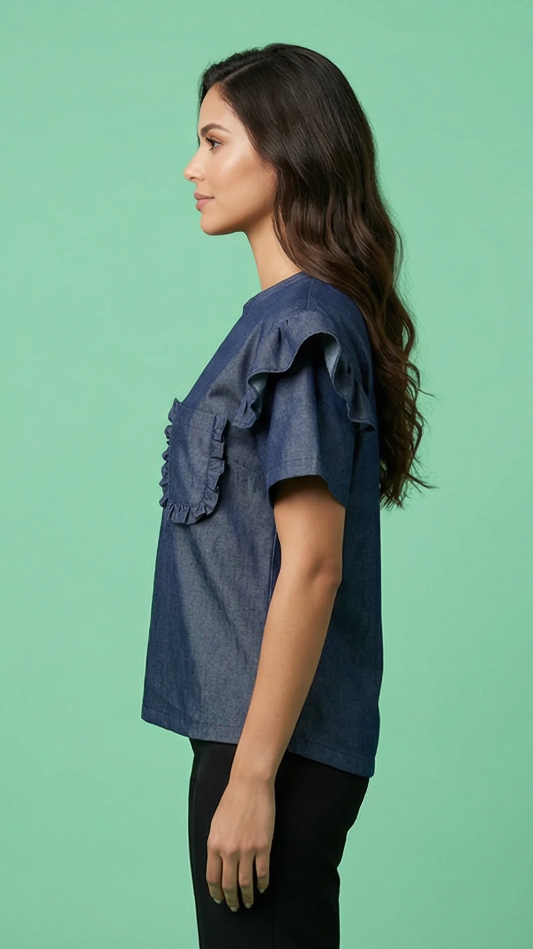 Camisa Denim con Boleros – Blusa Femenina Cuello Redondo en Chambray - imagen 2