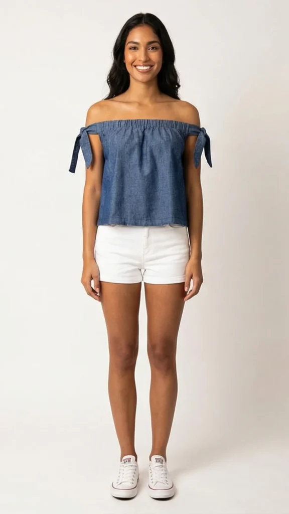 Top Hombros Descubiertos con Lazos en Denim Chambray – Crop Top Suelto