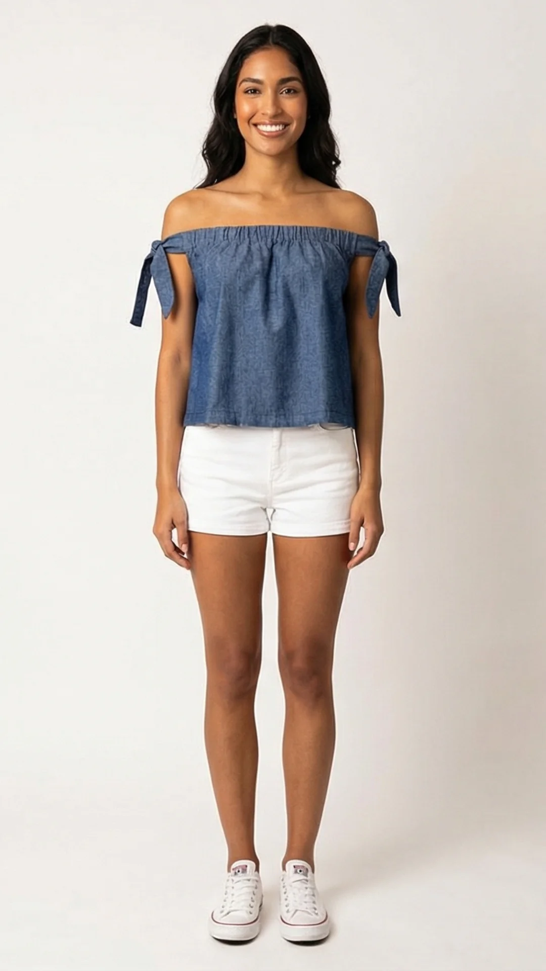 Top Hombros Descubiertos con Lazos en Denim Chambray – Crop Top Suelto