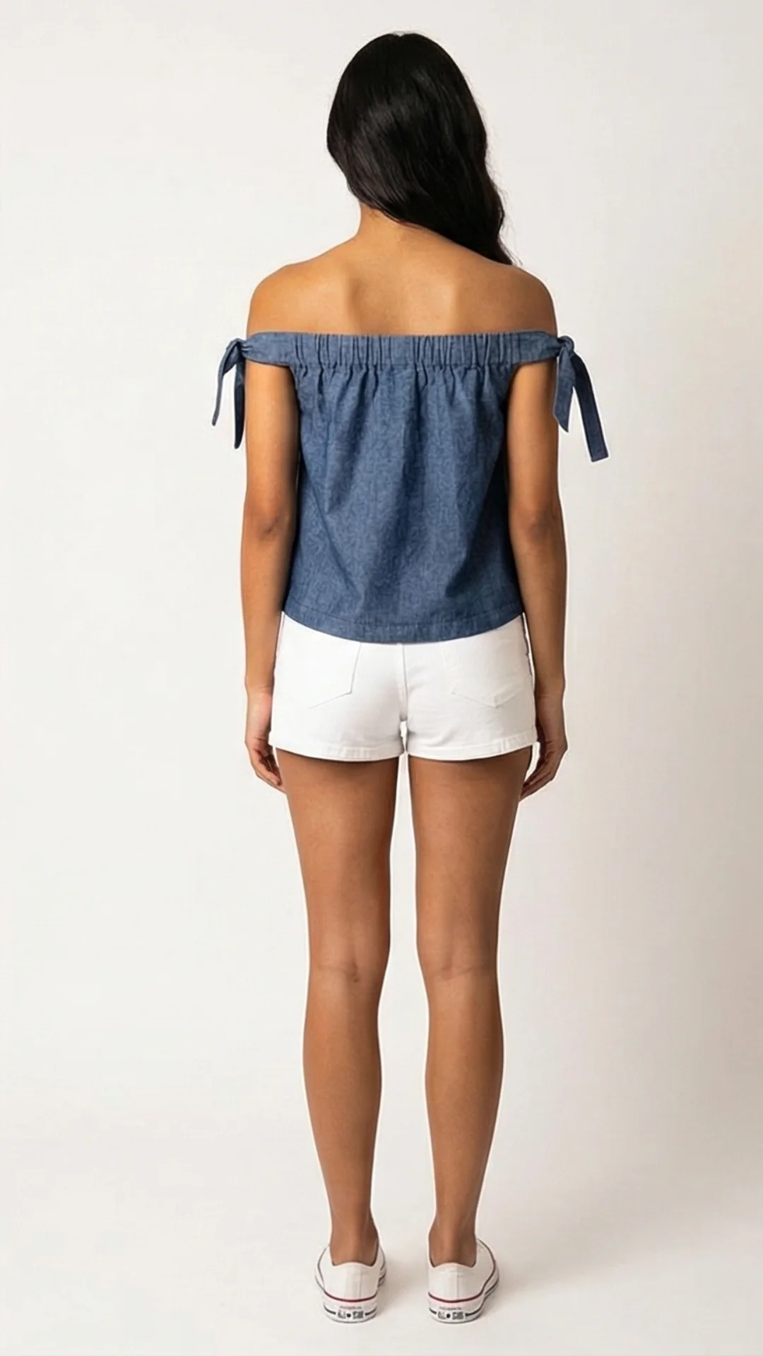 Top Hombros Descubiertos con Lazos en Denim Chambray – Crop Top Suelto - imagen 3
