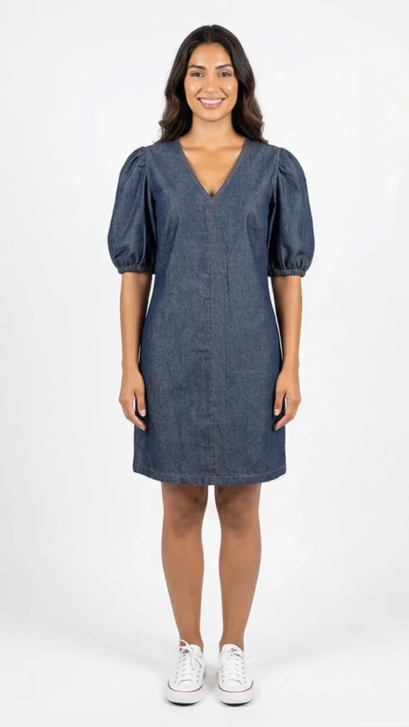 Vestido Manga Globo en Denim – Vestido Elegante Minimalista para Mujer